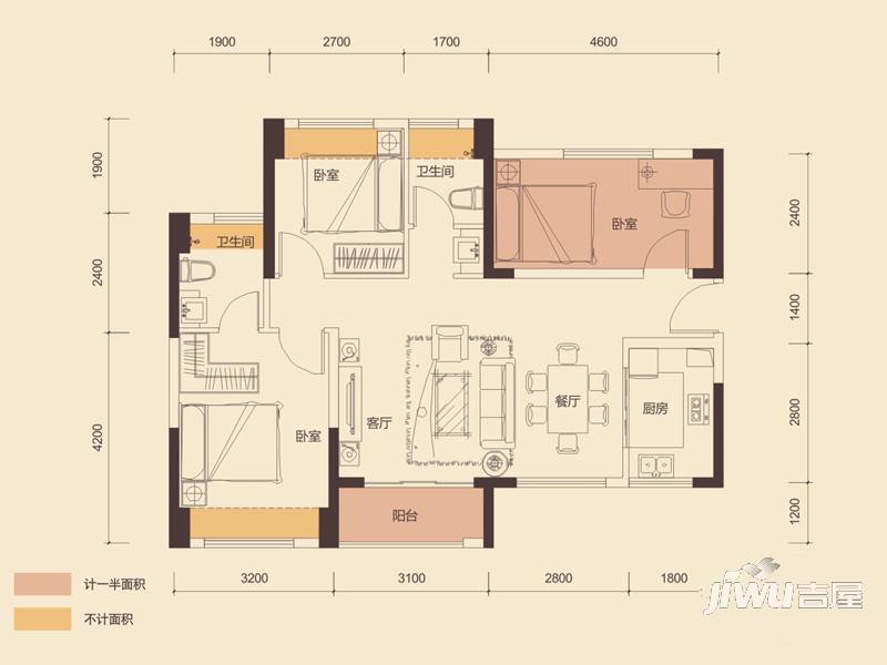 福盈·中央山4室2厅2卫88㎡户型图