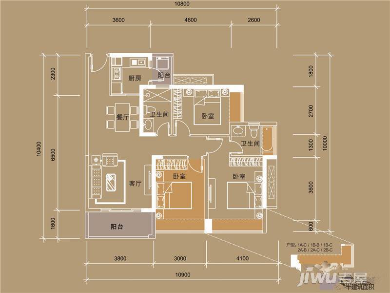 华盛·西荟城三期3室2厅2卫89㎡户型图