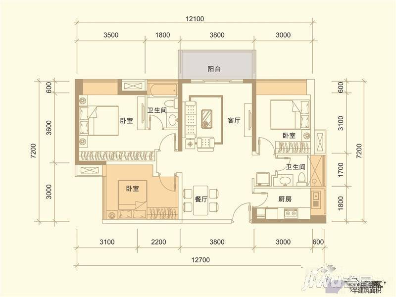 华盛·西荟城三期3室2厅2卫89㎡户型图