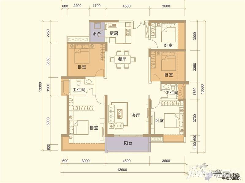 华盛·西荟城三期5室2厅2卫144㎡户型图