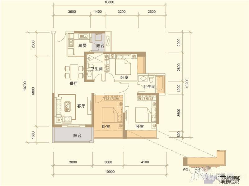 华盛·西荟城三期3室2厅2卫89㎡户型图