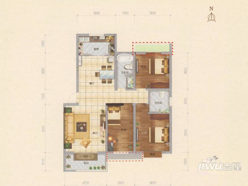 大成龙泽国际3室2厅2卫126㎡户型图