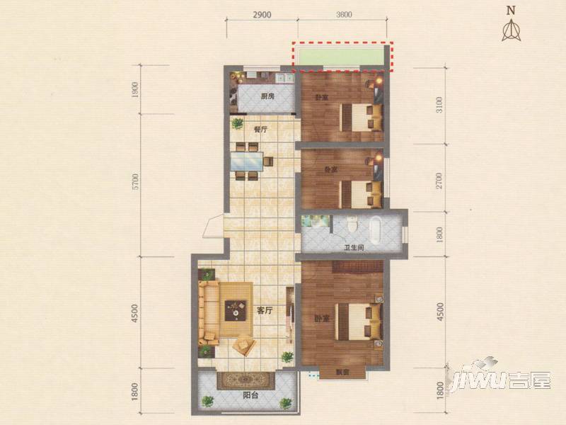 大成龙泽国际3室2厅1卫106㎡户型图