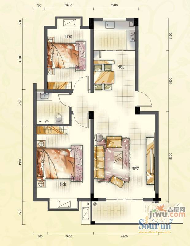 金彩公寓1室2厅1卫53.8㎡户型图