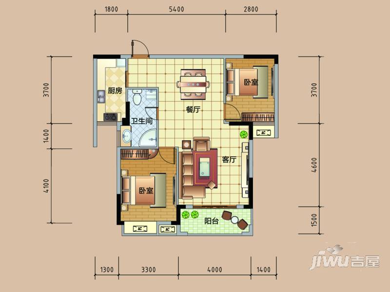 巴黎春天2室2厅1卫90.5㎡户型图