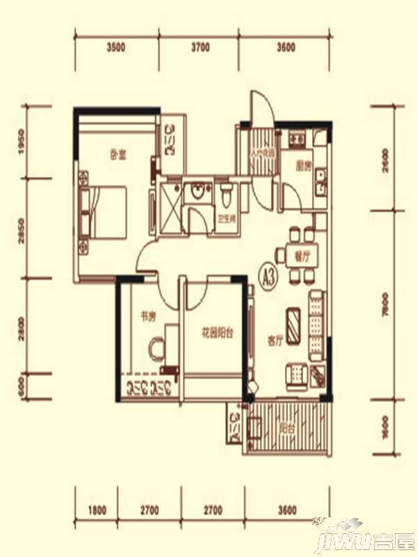 名爵公馆3室2厅2卫124㎡户型图