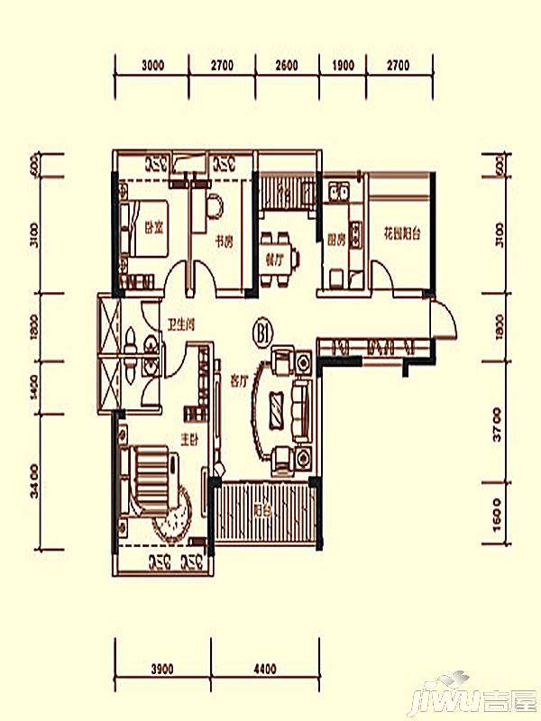 名爵公馆3室2厅2卫124㎡户型图