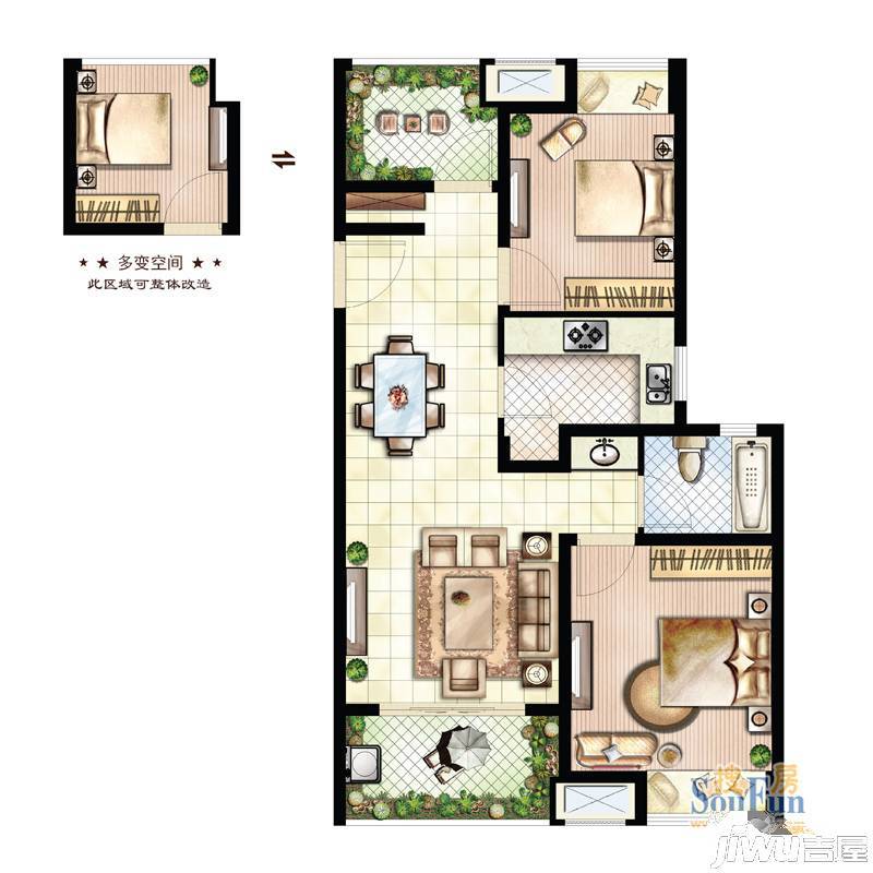 新城红树湾直销2室2厅1卫88㎡户型图