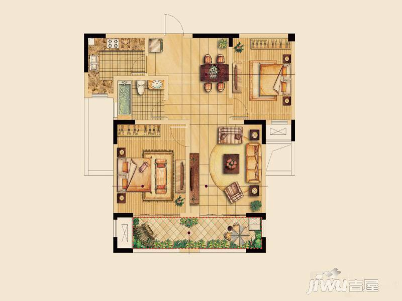 紫元阳光水榭2室2厅1卫89.8㎡户型图