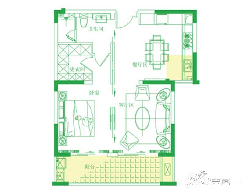 中茵星墅湾1室2厅1卫74㎡户型图