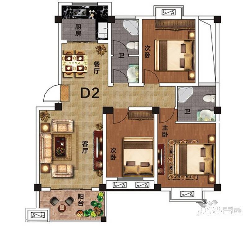 城南滨河家园3室2厅2卫户型图