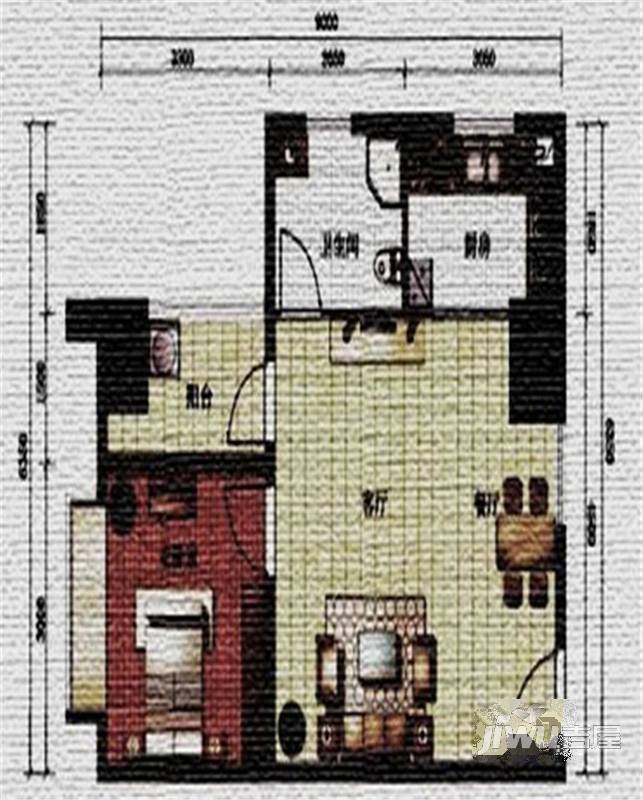 明珠国际城1室2厅1卫61㎡户型图