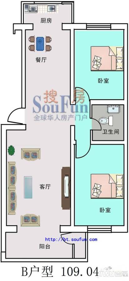 景苑花园2室2厅1卫109㎡户型图