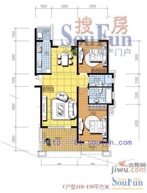 现代城2室2厅2卫110㎡户型图