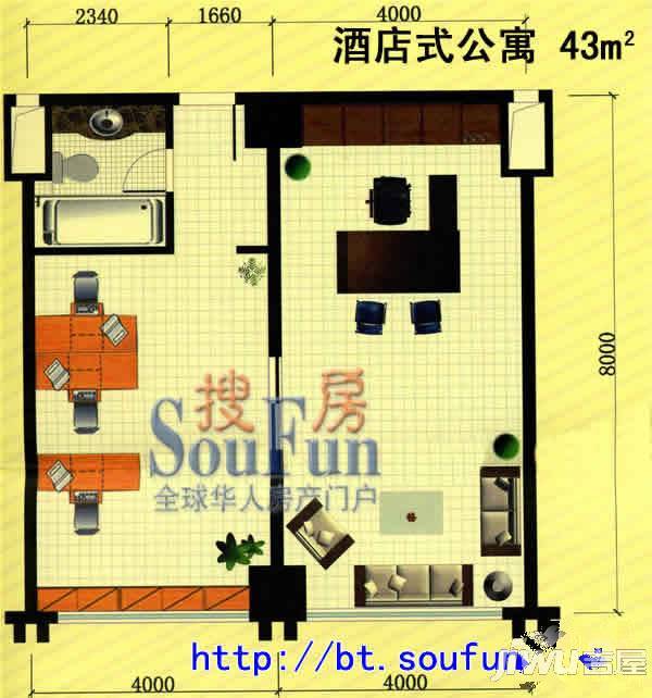 都市豪庭1室1厅1卫43㎡户型图