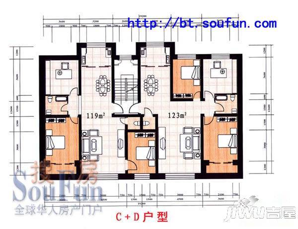 宏源鑫都2室2厅2卫119㎡户型图