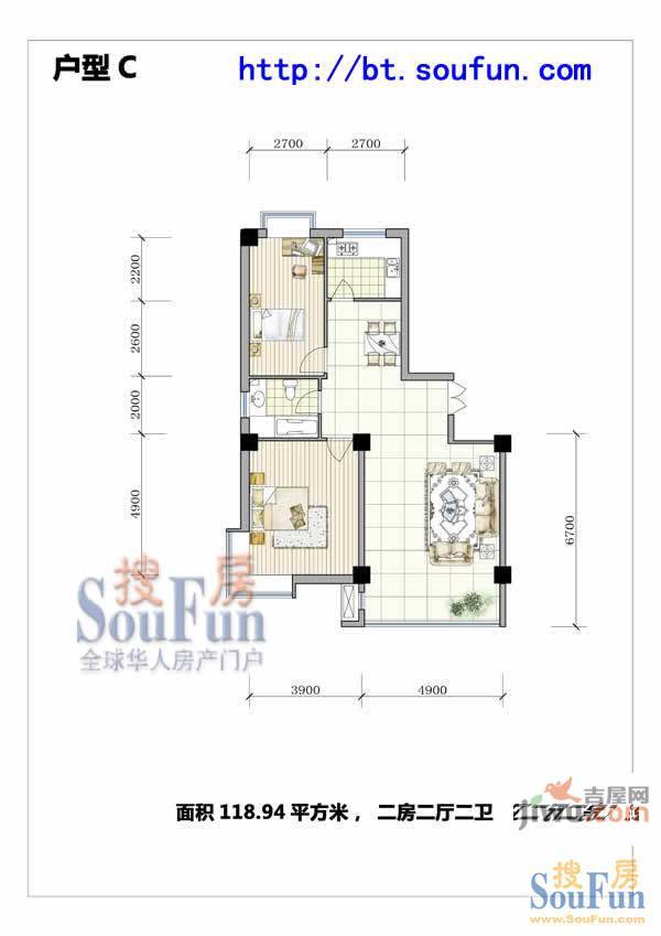 恒隆公馆2室2厅2卫118.9㎡户型图