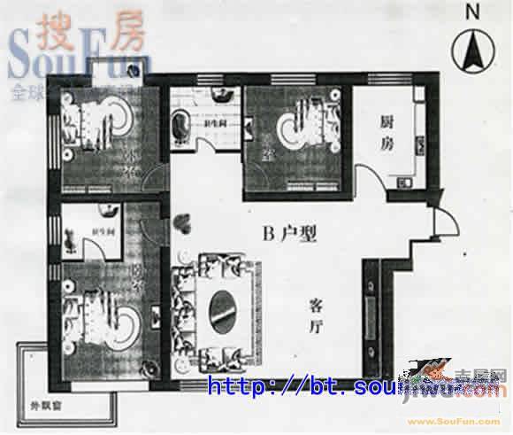 恒通国际公寓3室2厅2卫152㎡户型图