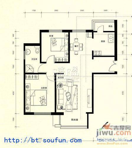 健康阳光城2室2厅1卫93㎡户型图