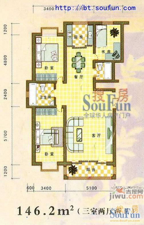 宝林苑3室2厅2卫146.2㎡户型图