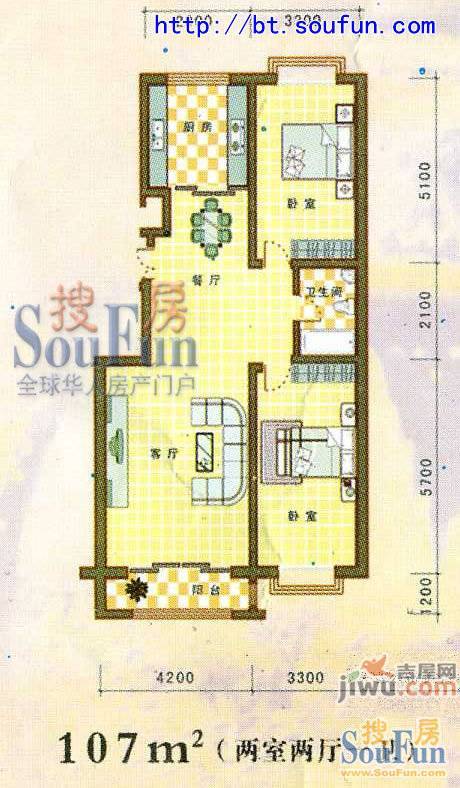 宝林苑2室2厅1卫107㎡户型图