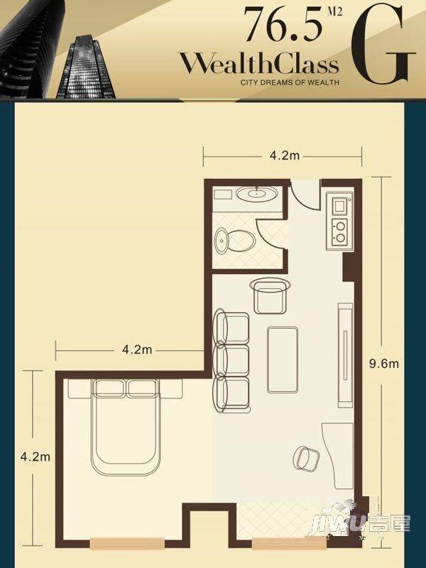 滨河金典商住花苑1室1厅1卫76.5㎡户型图