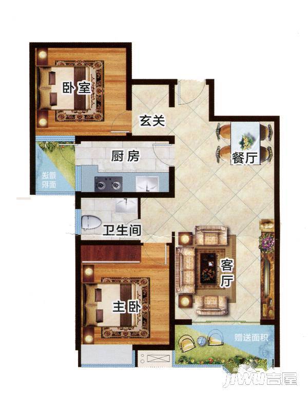 楚汉汇景国际2室2厅1卫88.6㎡户型图