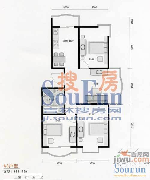 富海丽苑3室1厅1卫137.4㎡户型图