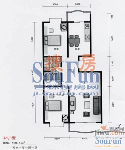 富海丽苑2室1厅1卫129.4㎡户型图