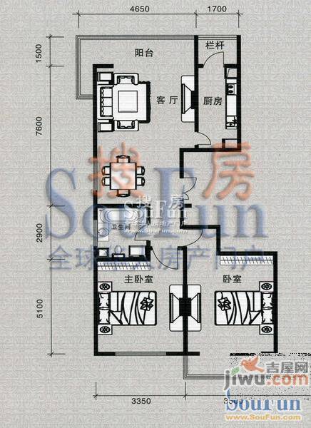 龙湾雅苑2室2厅1卫126.8㎡户型图