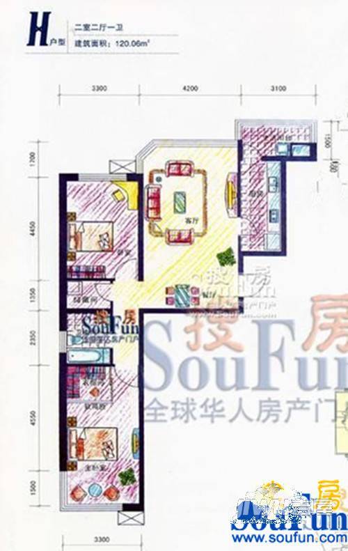 建龙水韵名城2室2厅1卫120㎡户型图