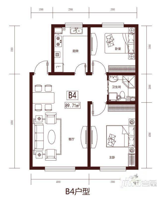 筑石松花江新城2室2厅1卫89.7㎡户型图