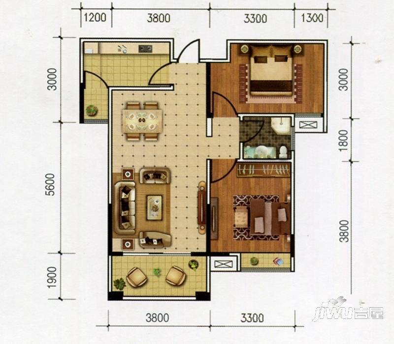 湘江学府2室2厅1卫86㎡户型图