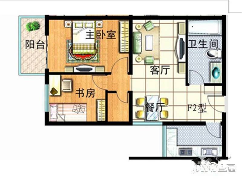 红安帝都2室2厅1卫76.3㎡户型图