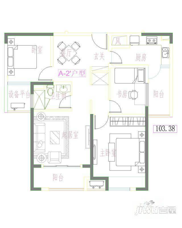 嘉洲华庭3室1厅1卫90.4㎡户型图