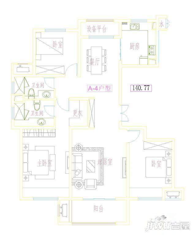 嘉洲华庭3室1厅1卫90.4㎡户型图