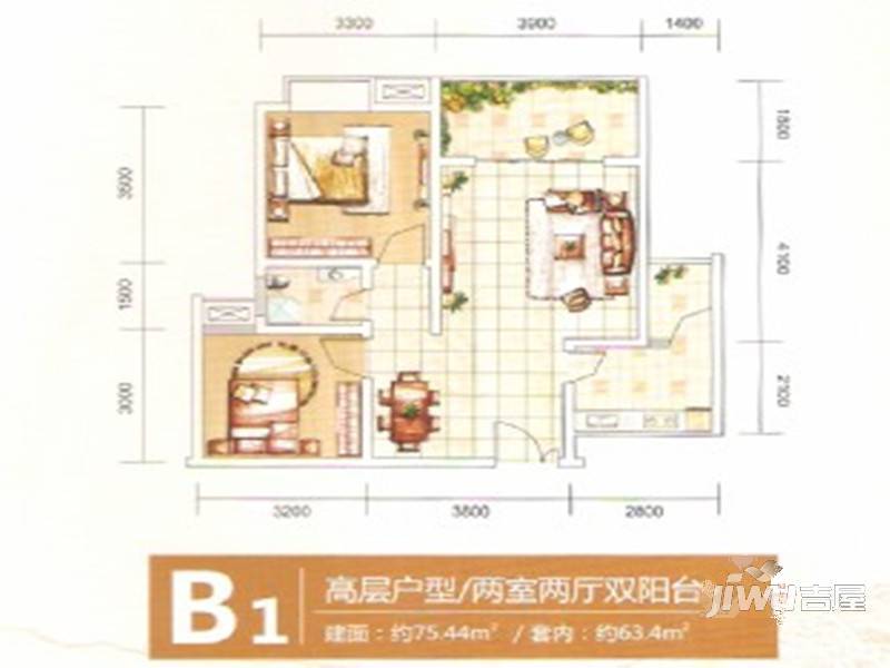 平昌书香别院3室2厅2卫91.3㎡户型图