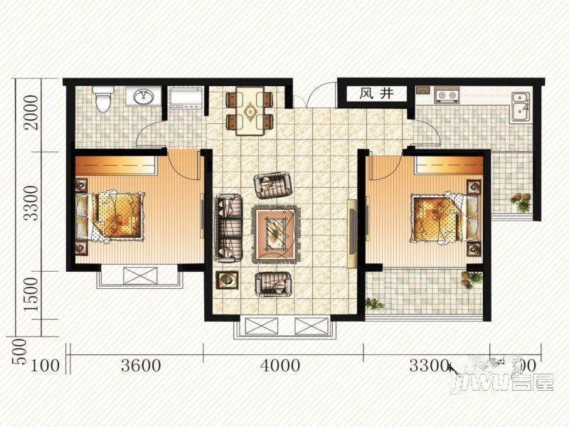 金雀兴园2室2厅1卫88.3㎡户型图