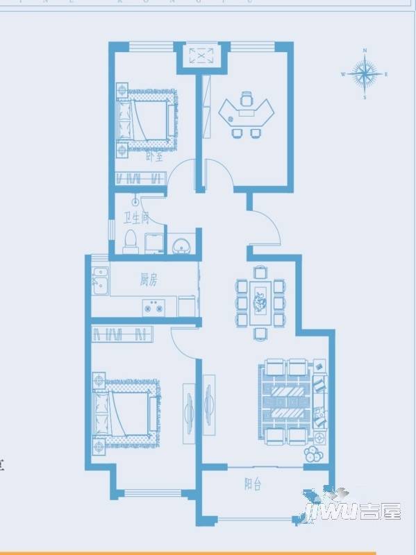 塞纳荣府3室2厅1卫92㎡户型图