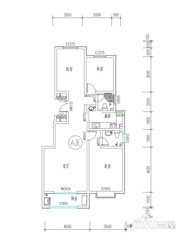 盛世尚水城2室1厅1卫90.3㎡户型图