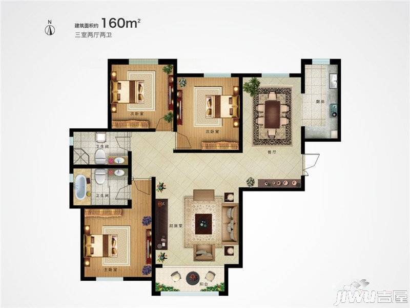 廊坊新世界中心3室2厅2卫160.8㎡户型图