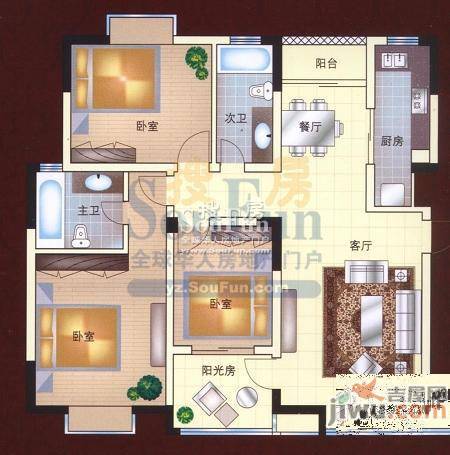 西郡188花园3室2厅2卫127.2㎡户型图