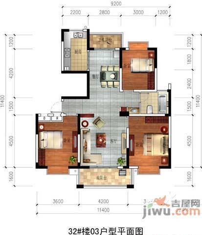 和美第3室2厅1卫124㎡户型图