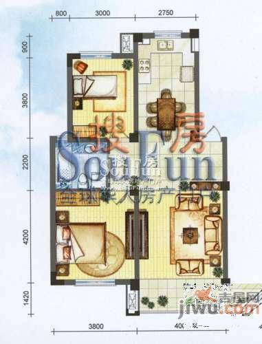 新港名兴花园2室2厅1卫96㎡户型图