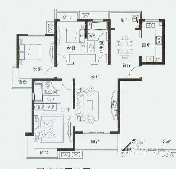 金鑫花园3室2厅2卫125㎡户型图