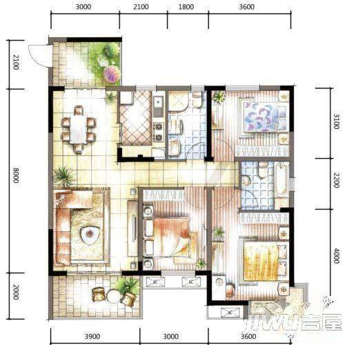 万鸿城市花园3室2厅2卫127㎡户型图