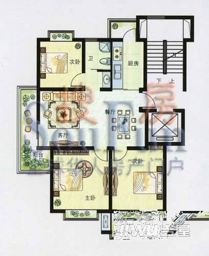 香格里拉3室2厅1卫109.4㎡户型图