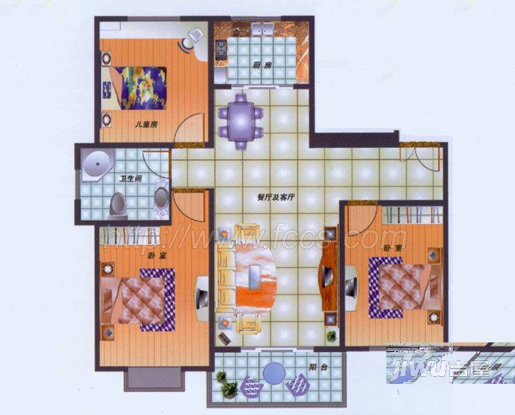 鸿福家园3室2厅1卫129.9㎡户型图