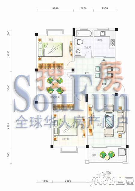 东方丽景3室2厅1卫98㎡户型图