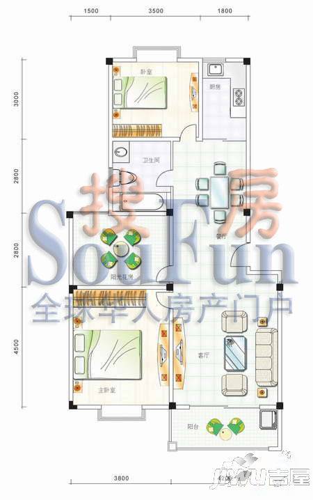 东方丽景3室2厅1卫96㎡户型图